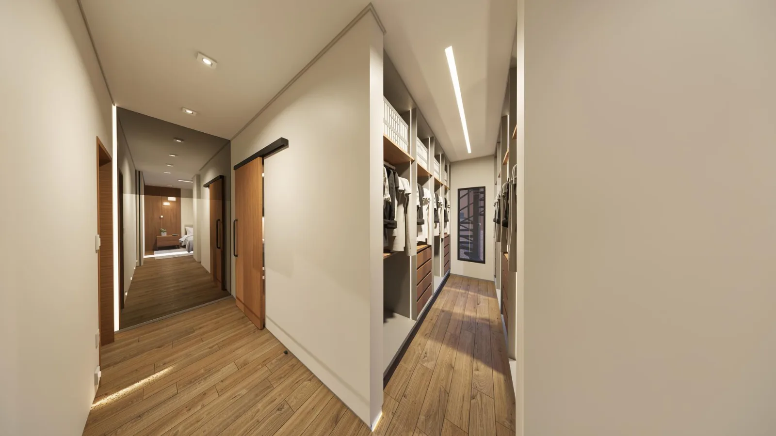 Closet planejado com iluminação embutida — projeto Grupo Adriel