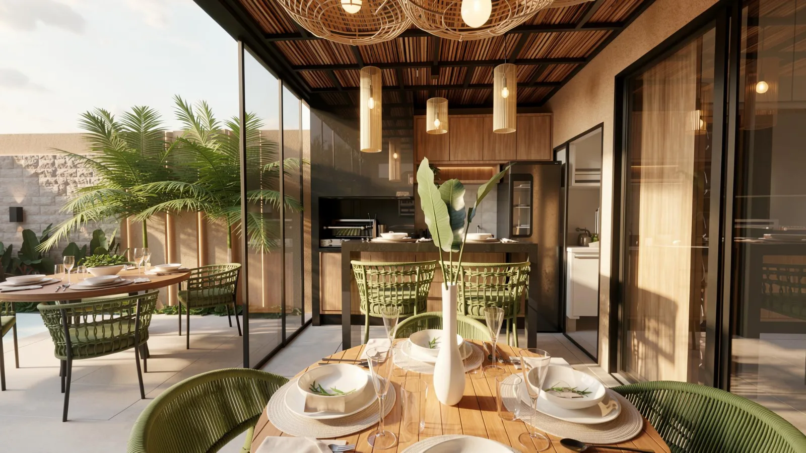 Espaço gourmet com pendentes de rattan e mesa de refeições — projeto Grupo Adriel