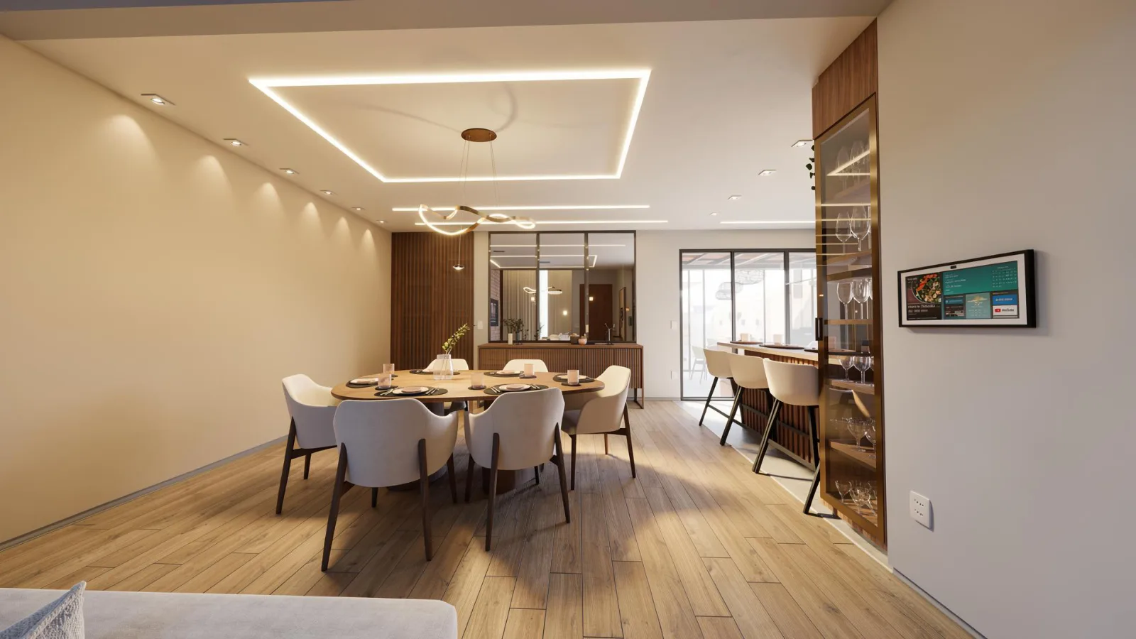 Sala de jantar integrada com iluminação em sanca — projeto Grupo Adriel