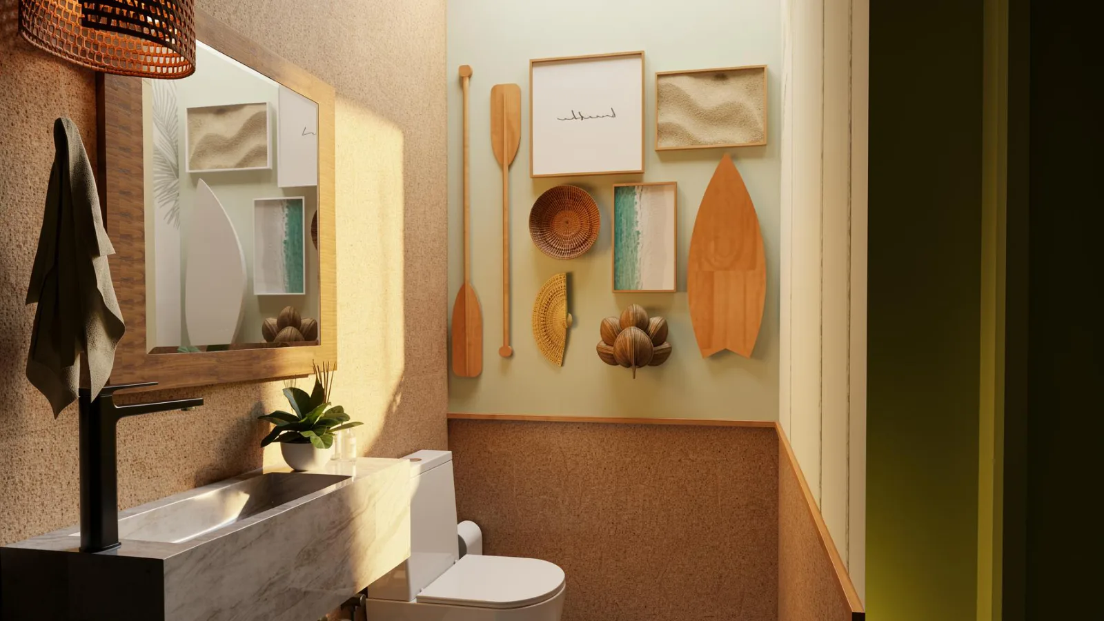 Lavabo com decoração praiana e cuba esculpida — projeto Grupo Adriel