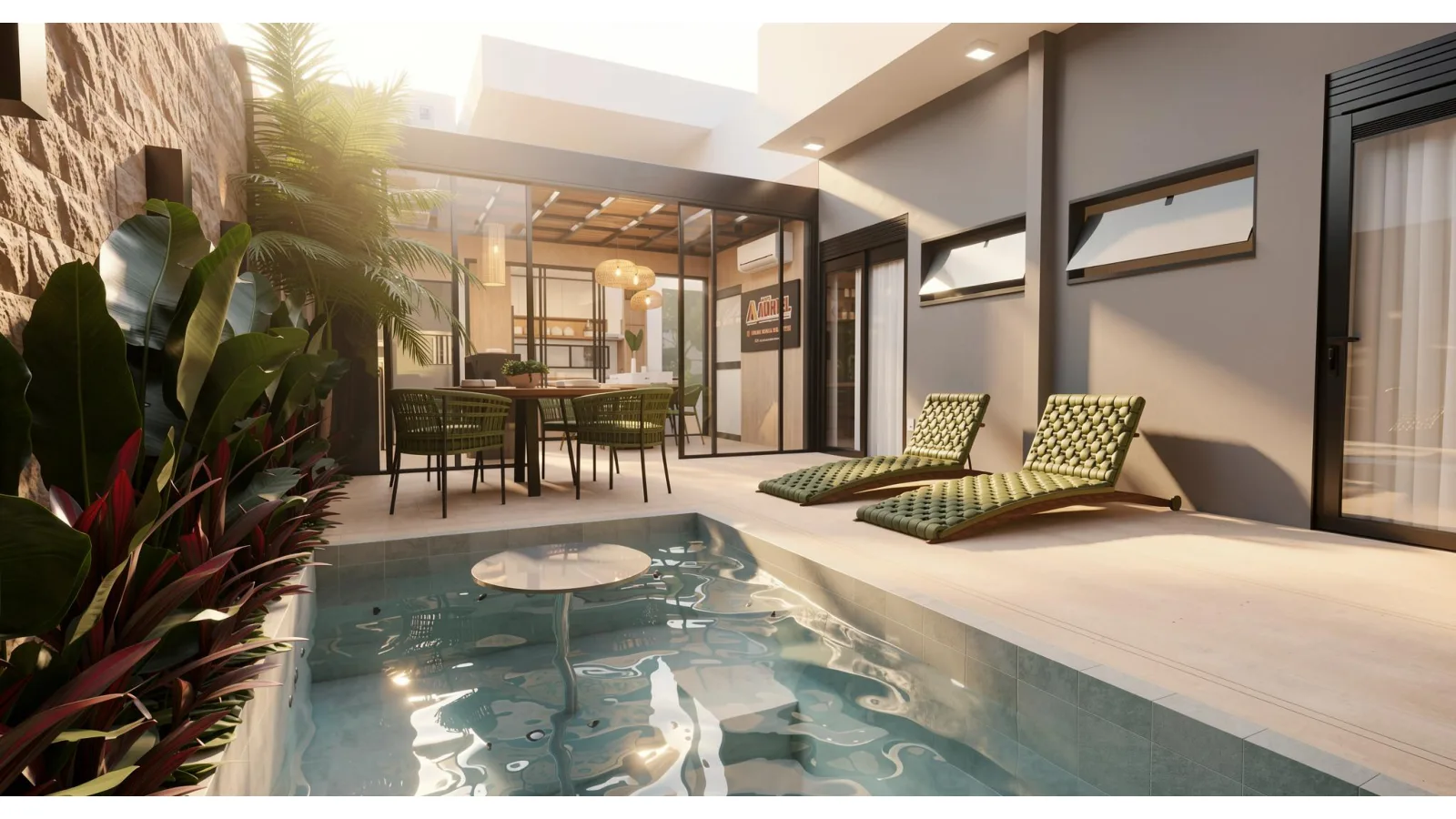 Piscina ao entardecer com espreguiçadeiras — projeto Grupo Adriel