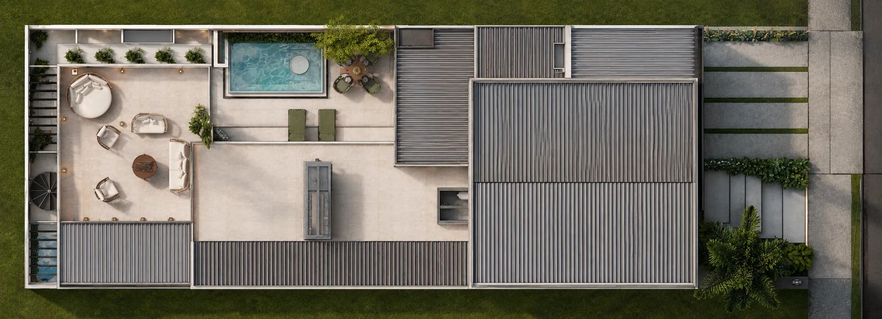 Planta humanizada da cobertura: rooftop com lounge e spa — projeto Grupo Adriel