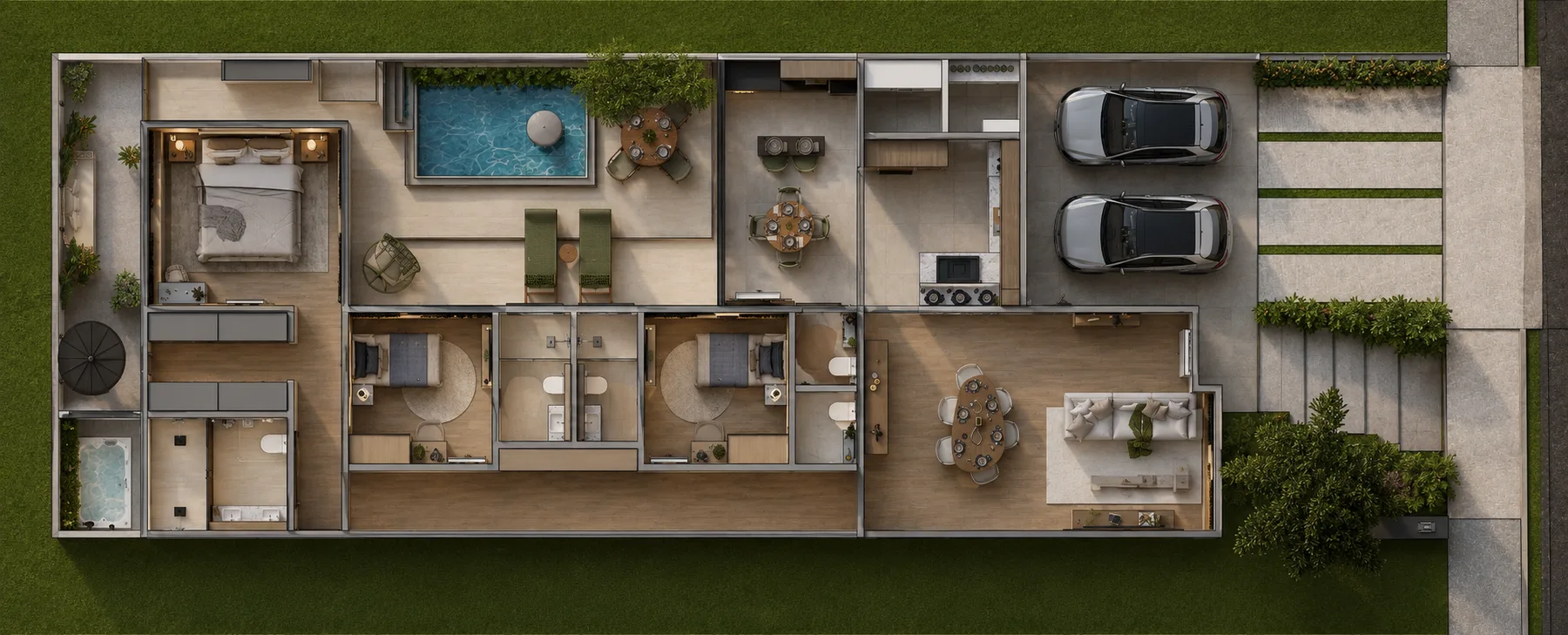 Planta humanizada do térreo: suítes, cozinha, living, piscina e garagem — projeto Grupo Adriel