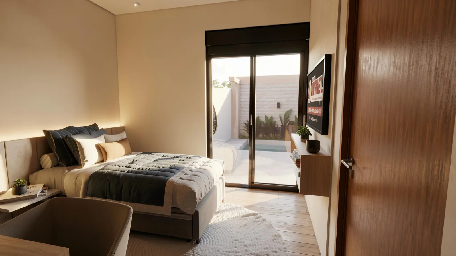 Quarto com vista para a área da piscina — projeto Grupo Adriel