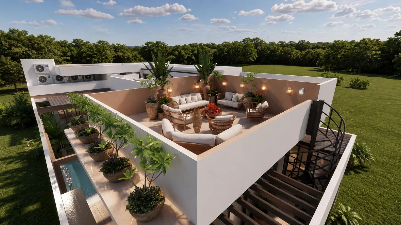 Vista aérea do rooftop com lounge e vista para o campo — projeto Grupo Adriel