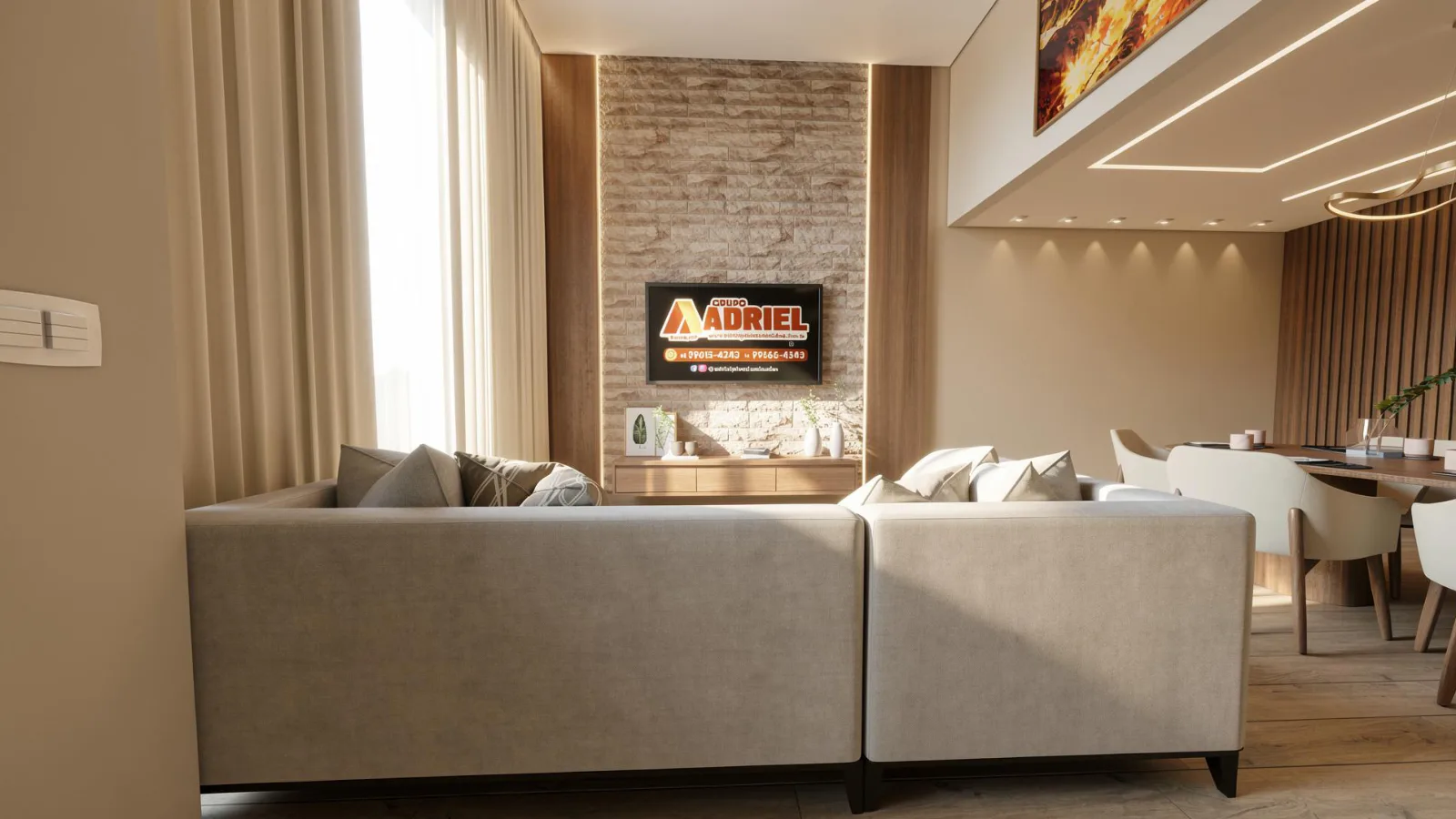 Sala de estar com pé-direito duplo e painel de tijolinho — projeto de interiores Grupo Adriel